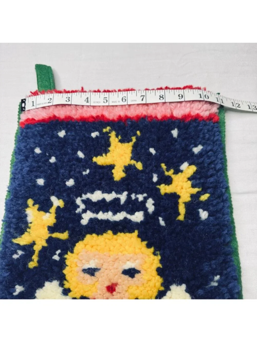 Vintage Latch Hook Angel Christmas Stocking Handmade Blue